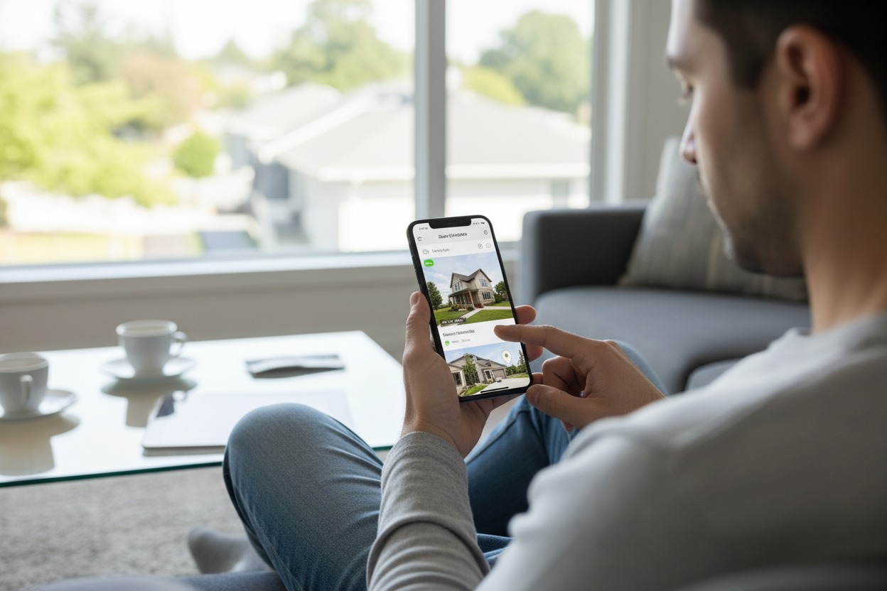 Diagramma circolare che rappresenta un ecosistema di servizi immobiliari digitali, con icone interconnesse che circondano un globo luminoso sopra un plastico urbano.